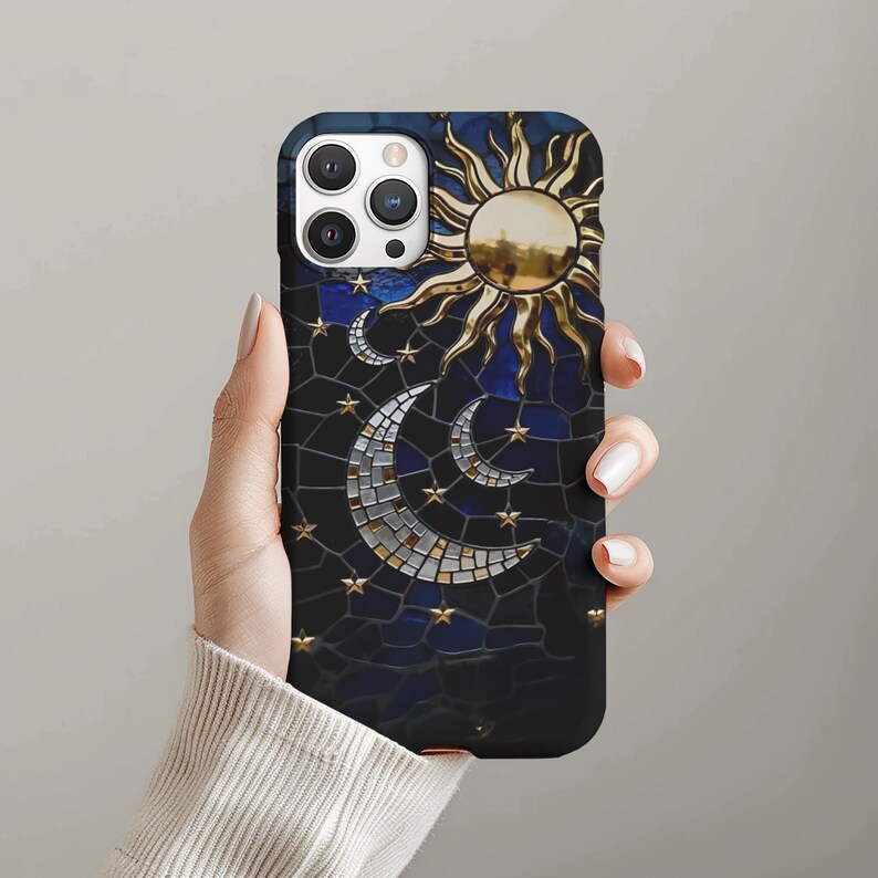 Sun moon star mosaic phone case with celestial stained glass style