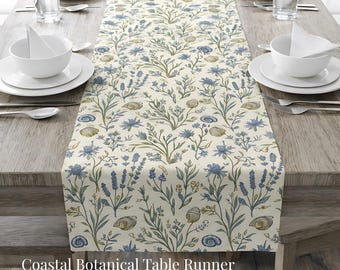 Coastal Botanical Table Runner – Blue Green Floral Salt Meadow Runner in Cotton or Polyester