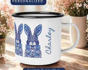 Personalized Bunny Enamel Camping Mug, Whimsical Blue Rabbit Coffee Cup