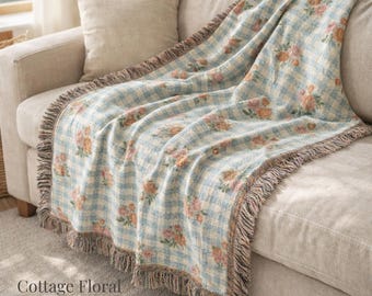 Vintage Floral Gingham Woven Throw Blanket, Cottagecore Grandma Core Blanket, Pink Botanical Farmhouse Sofa Throw, Cozy Cottage Decor