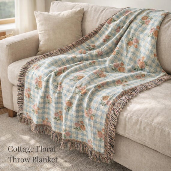 Vintage Floral Gingham Woven Throw Blanket, Cottagecore Grandma Core Blanket, Pink Botanical Farmhouse Sofa Throw, Cozy Cottage Decor