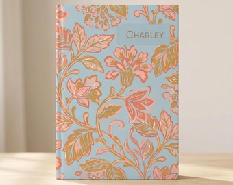 Personalized Block Print Floral Journal, Custom Name Notebook, Coastal Boho Hardcover, Indian Textile Style Decor Gift for Her