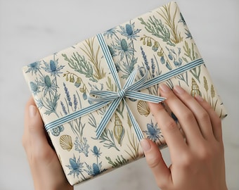 Luxury Coastal Gift Wrap Salt Meadow Botanical Wrapping Paper Neutral Blue Floral Modern Cottage Gift Wrap