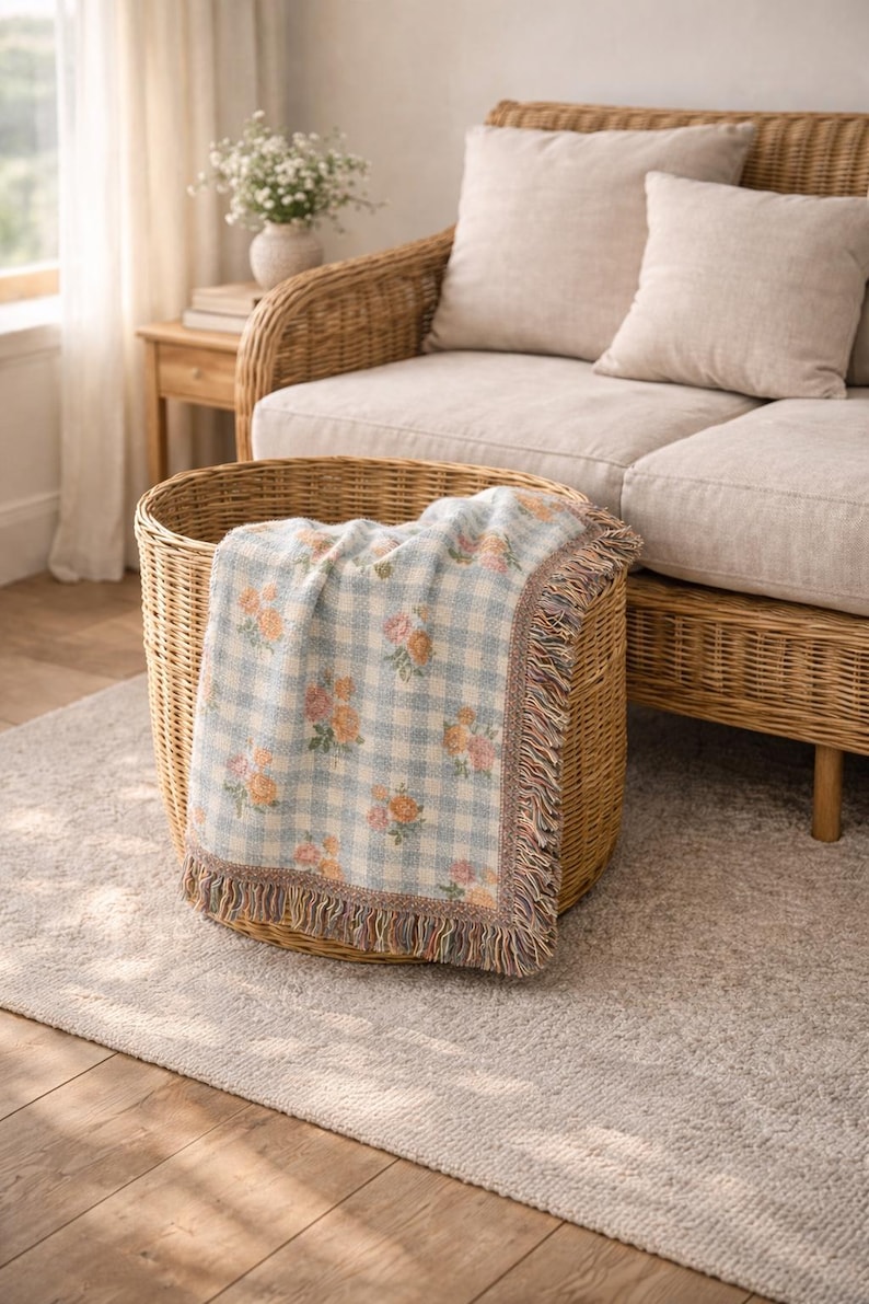 Vintage inspired botanical blanket folded in a woven basket in cottage living room