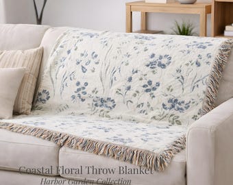 Woven Coastal Floral Throw Blanket: Blue Sage Botanical, Cottage Decor