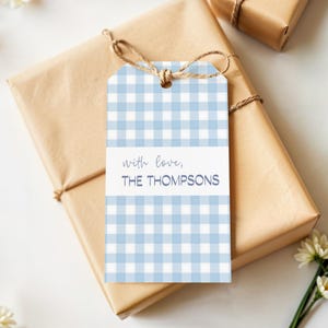 Personalized Powder Blue Gingham Gift Tags: Custom Name, Party Favor, Christmas Present