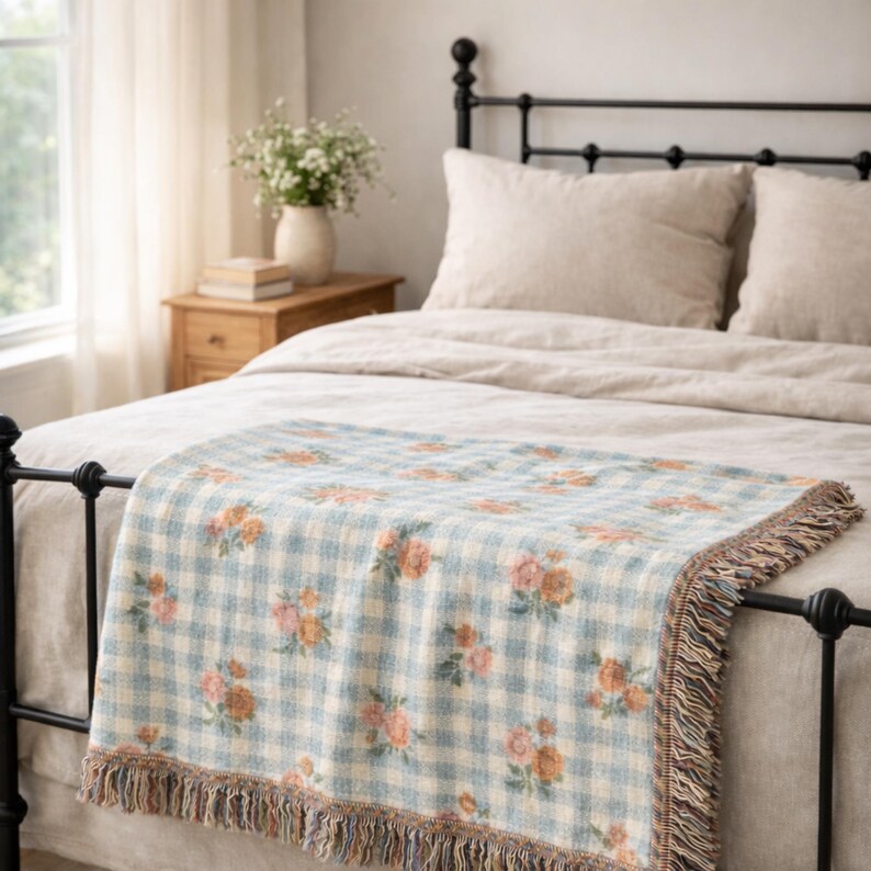 Farmhouse floral throw blanket styled at the end of a cozy bed