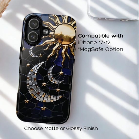 Celestial Art Phone Case Unique Stained Glass Galaxy Design, Dark Blue Moon Star iPhone Case, Cosmic Night Sky, Tough Case, MagSafe Case