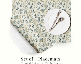 Coastal botanische placemats set van 4, blauwe salie bloemen tafelmatten, haventuin dinerdecor, moderne kusttafel setting