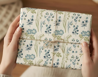 Premium Floral Gift Wrap Harbor Garden Wrapping Paper Botanical Wrapping Paper Sheets Matte or Glossy Elegant Neutral Blue Gift Wrap