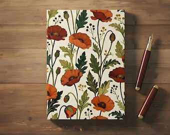 Wildflower Journal Notebook, Floral Poppy Notebook for Women, Vintage Wildflower Diary, Art Deco Poppies Hardcover or Spiral Writing Journal