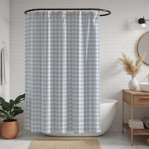 Gingham Shower Curtain Housewarming Gift Idea Cottagecore Bathroom Decor Gift for Her Bath Powder Blue Check Pattern Modern Farmhouse Style
