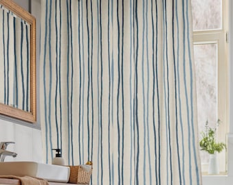Douchegordijn kuststreep, blauw crème badkamerdecor, preppy kustbadgordijn, moderne badkamer strandhuis