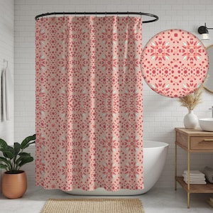 Maximalist Abstract Floral Shower Curtain: Eclectic Pink Bathroom Decor