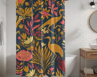 Funky boho-douchegordijn, grillige botanische vogelkunst voor uniek baddecor