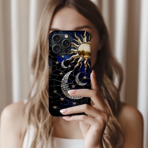 Dark blue and gold celestial phone cover MagSafe compatible