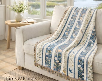 Cottagecore Bird Floral Woven Throw Blanket, Vintage Botanical Bird Blanket, Grandma Core Heirloom Fringe Sofa Throw Decor