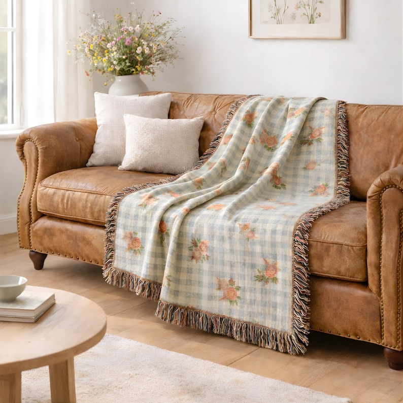 Cozy cottagecore throw blanket with classic fringe detail