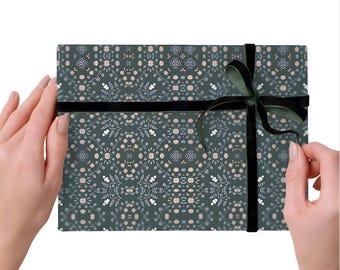 Dark Green Floral Gift Wrap, Botanical Folk Art