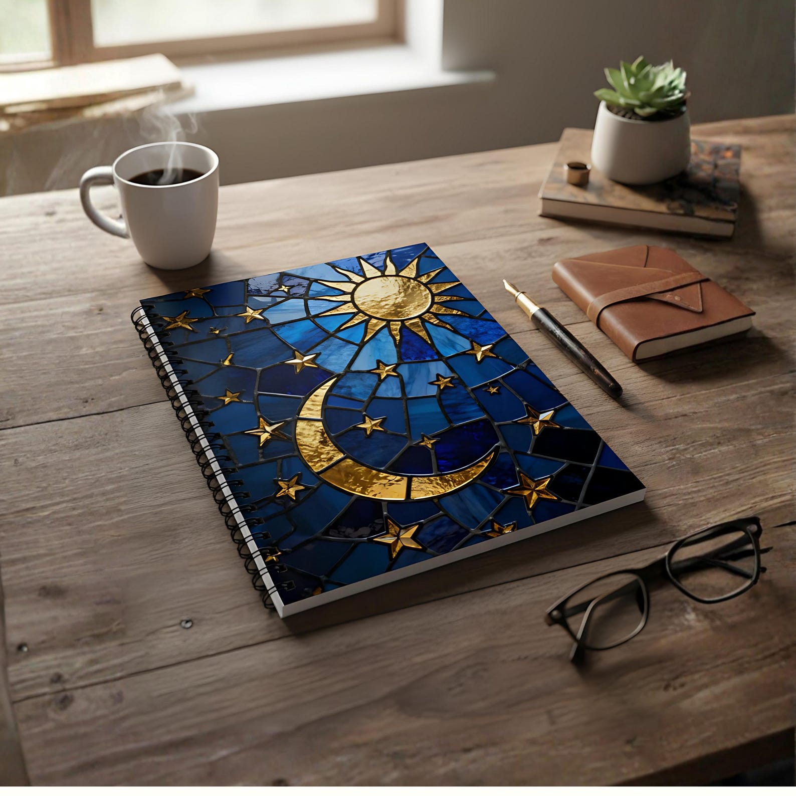 Celestial Sun and Moon Journal, Blue Stained Glass Notebook, Lunar ...