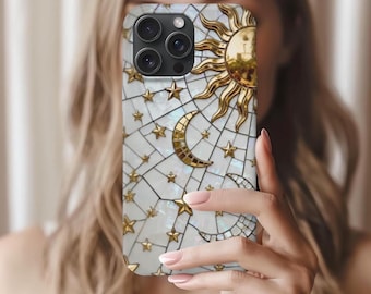 Funda para teléfono con diseño de sol y luna celestiales, con diseño de galaxia y vitrales, compatible con MagSafe para iPhone 17, 16, Samsung S24 y S23.