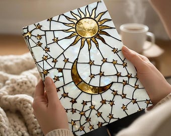 Stained Glass Celestial Journal: Gold Moon, Stars, Boho Gift