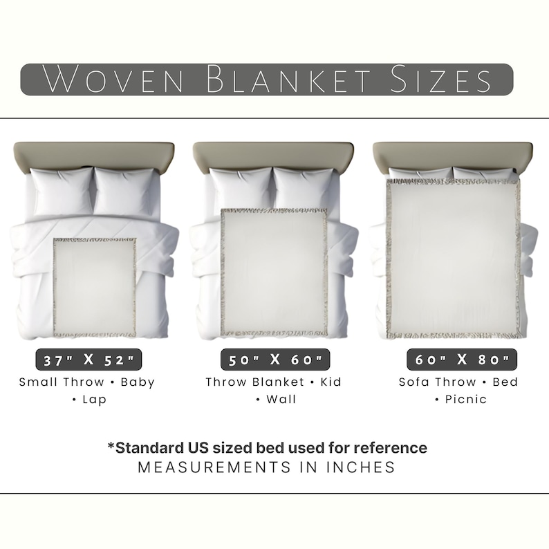May include: Image showing three woven blankets with different sizes: 37" x 52", 50" x 60", and 60" x 80". The blankets are displayed on beds, with text indicating their uses: baby, kid, and sofa throw. The text "WOVEN BLANKET SIZES" is at the top.