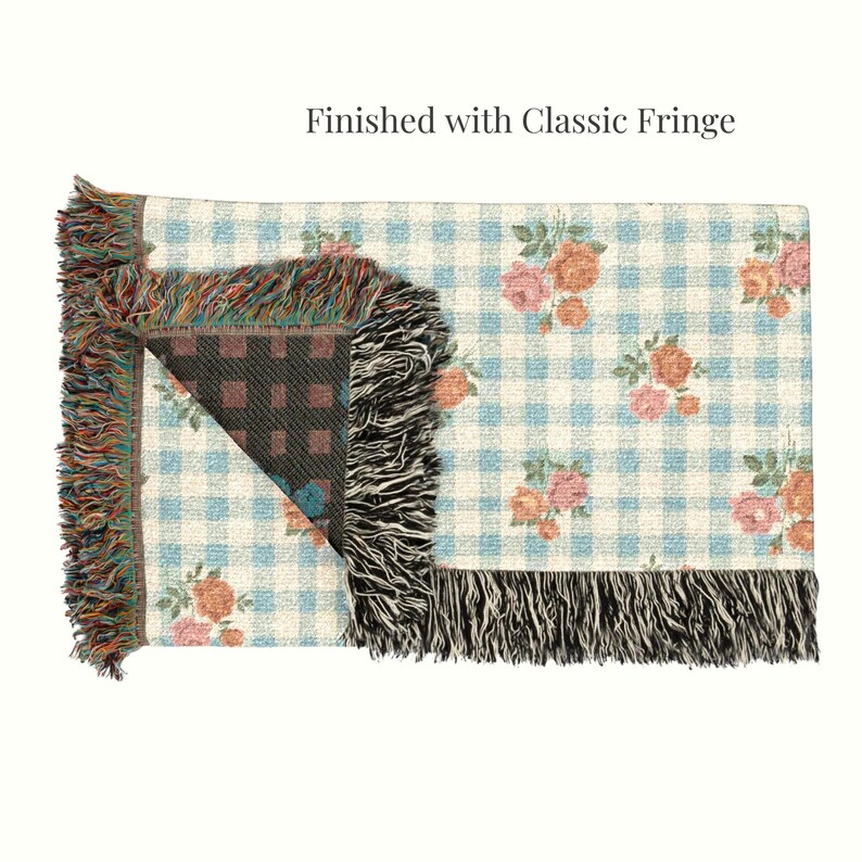 Cottage style woven blanket with pink flowers and blue gingham pattern