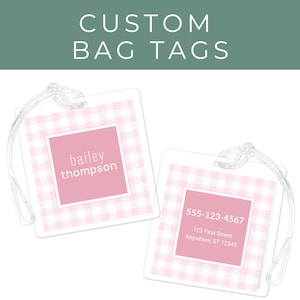 Personalized Bag Tag Pink Gingham Laminated Square ID Tag for Backpack School Luggage Tag Diaper Bag Tag Custom Name Tag for Kid Travel Use