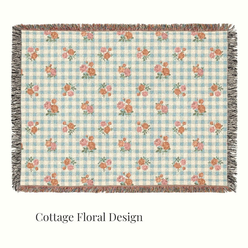 Soft cotton woven floral throw blanket detail showing heirloom texture and fringe edge