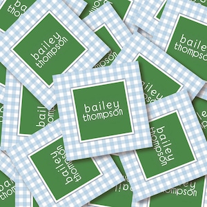 Custom Name Square Stickers Powder Blue Gingham Kids Notebook Journal Water Bottle Custom Label Back to School Gift Personalized Sticker Set