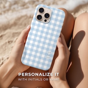 Powder Blue Gingham Personalized Phone Case, Custom Monogram Initials, Preppy Coastal MagSafe Cover for iPhone Samsung Pixel