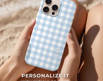 Powder Blue Gingham Personalized Phone Case, Custom Monogram Initials, Preppy Coastal MagSafe Cover for iPhone Samsung Pixel