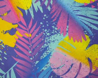May include: Abstract tropical leaf pattern fabric in shades of pink, yellow, blue, and purple. The fabric has a textured, slightly distressed look.
