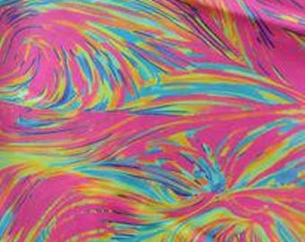 May include: Abstract fabric with a swirling pattern in shades of pink, yellow, blue, and green.