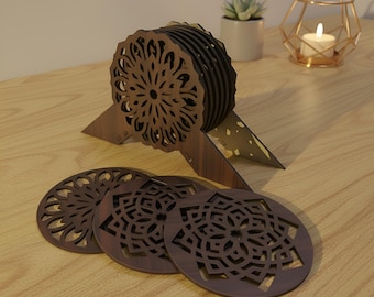 Laser Cut Tea Coaster Set with Stand | 3mm Wood Coaster Designs (Digital File)
