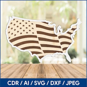 Ontwerp met meerdere lagen Amerikaanse kaart en vlag | Lasergesneden digitale sjabloon | Lasersnijbestanden | Cdr, AI, Svg, DXF, | Cricut, glowforge, lightburn