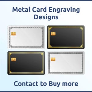 May include: Four rectangular metal cards with gold-colored chips, featuring various engraved border designs in black and white. The text Metal Card Engraving Designs appears at the top, and Contact to Buy more is printed at the bottom of the image.