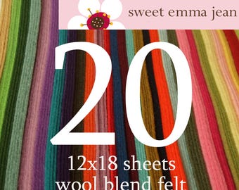 May include: A set of 20 12x18 inch sheets of wool blend felt in a variety of colors. The felt is arranged in a rainbow pattern.