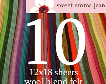May include: A pack of 10 sheets of 12x18 inch wool blend felt in a variety of colours. The felt is arranged in a rainbow pattern. The text "sweet emma jean" and "10" are visible in the image.