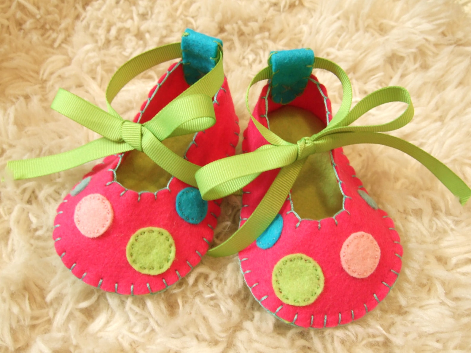 hot pink and lime green ballet flats with polka dots - felt baby shoes - can be personalized