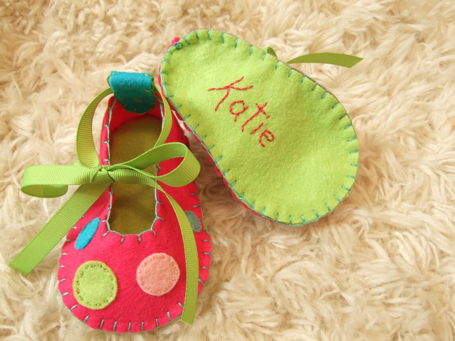 hot pink and lime green ballet flats with polka dots - felt baby shoes - can be personalized
