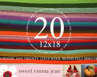 Wool Felt Sheets - Choose Any Twenty 12x18 Sheets - Merino Wool Blend Felt