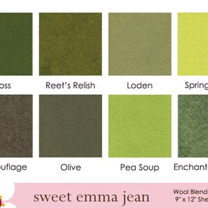 Puede incluir: Cuadrados de fieltro de mezcla de lana en varios tonos de verde y amarillo, incluyendo Moss, Reet's Relish, Loden, Spring Tickle, Camouflage, Olive, Pea Soup y Enchanted Forest. Cada cuadrado mide 23 cm por 30 cm.