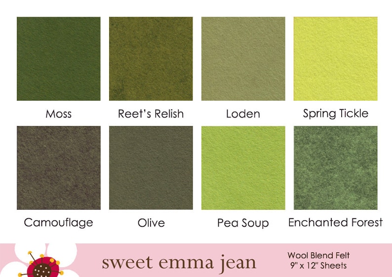 Puede incluir: Cuadrados de fieltro de mezcla de lana en varios tonos de verde y amarillo, incluyendo Moss, Reet's Relish, Loden, Spring Tickle, Camouflage, Olive, Pea Soup y Enchanted Forest. Cada cuadrado mide 23 cm por 30 cm.