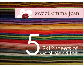 9x12 Wool Felt Sheets - Choose any FIVE wool blend felt sheets