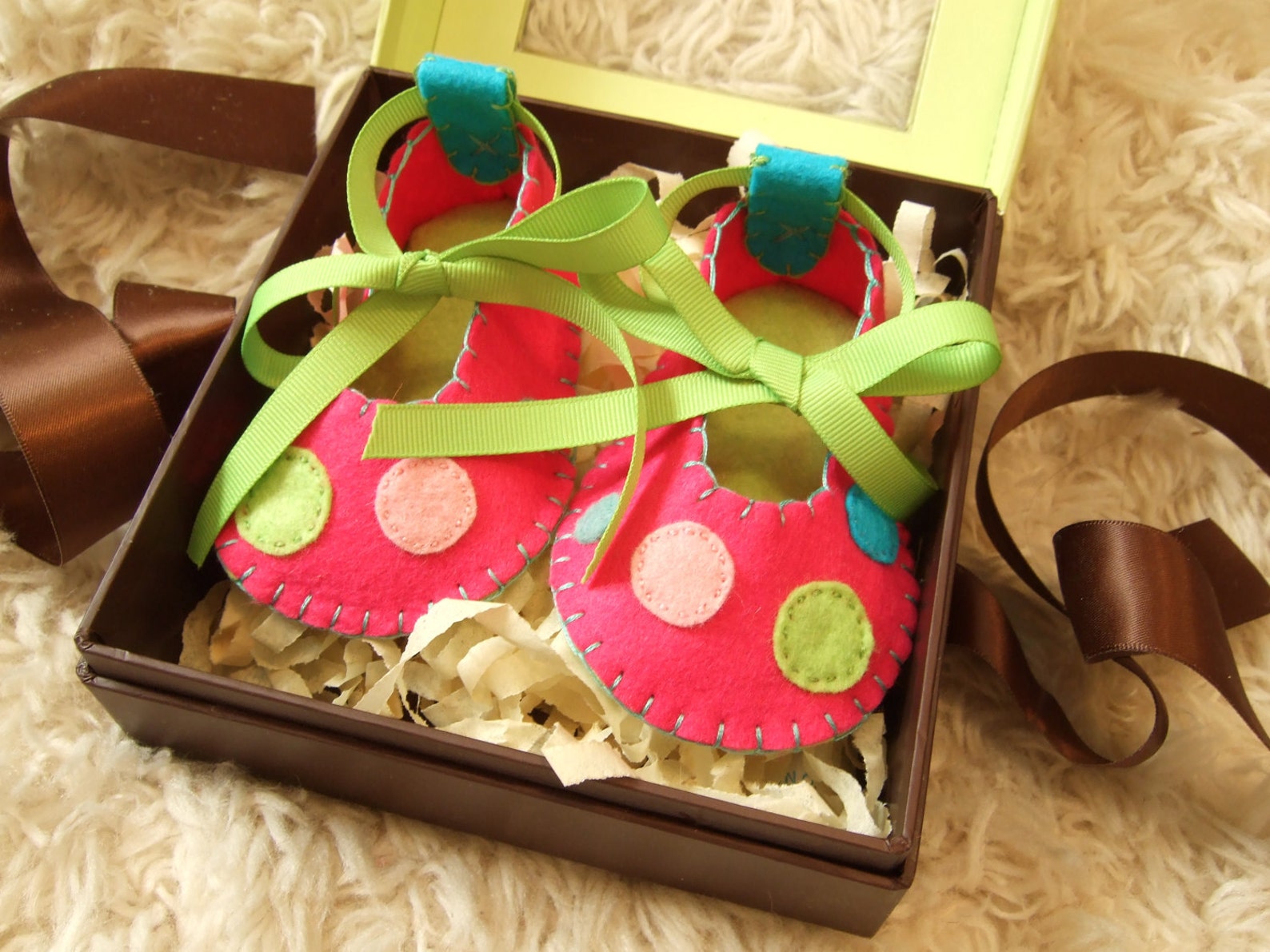 hot pink and lime green ballet flats with polka dots - felt baby shoes - can be personalized