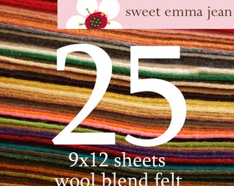 Wool Blend Felt Sheets – 25 Pack, You Choose Your Colors (9x12")