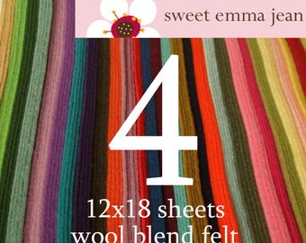 12x18 Wool Felt Sheets - Choose any FOUR merino wool blend felt sheets