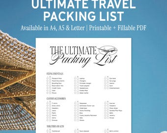May include: A printable checklist for packing for travel. The checklist is titled "The Ultimate Packing List" and includes categories for flying essentials, clothes and accessories, and toiletries and health. The checklist is designed to be filled out with checkmarks.